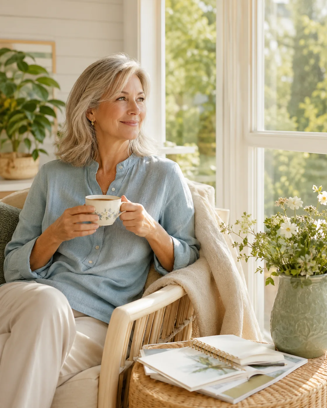 A woman over 50 enjoying tea in a bright, peaceful sunroom