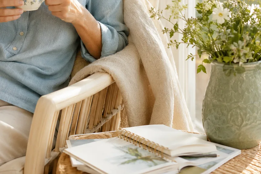 Flowers, a journal, and warm daylight in a seasonal home vignette