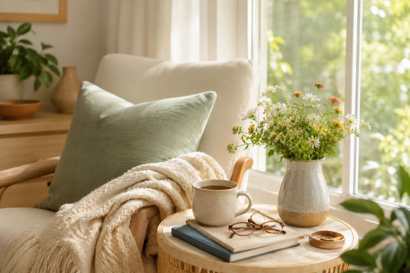 A peaceful reading nook with tea, flowers, and a soft throw
