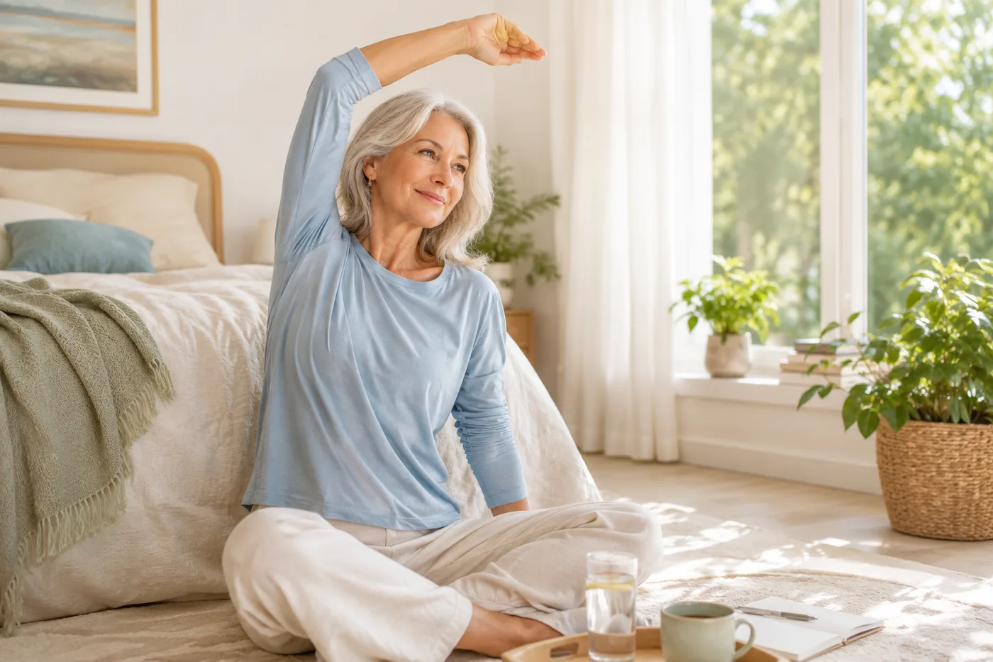 A woman over 50 doing a gentle morning stretch